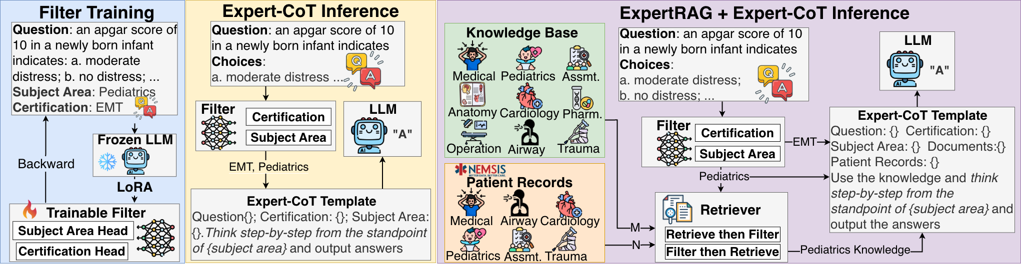 High-level overview of Expert-CoT and ExpertRAG for EMS QA